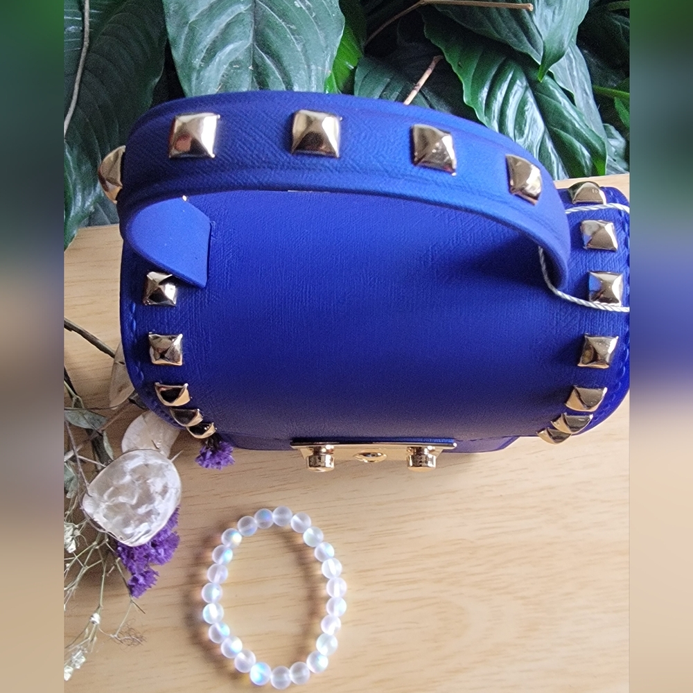 LA MIEL True Blue and Gold Studded Crossbody Bag & Rainbow Moonstone Bracelet. - Picture 7 of 12